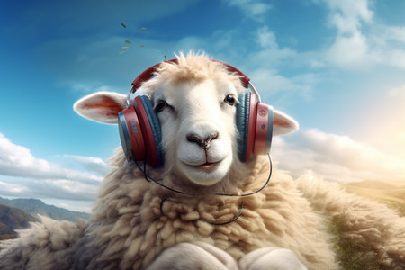 A stylish sheep wore headphones in a charming illustration. A high quality image making by generative ai.の素材