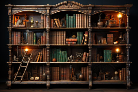 Antique Bookshelf. A high quality image created with Generative Aiの素材