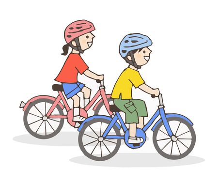 Two children riding bicyclesの写真素材