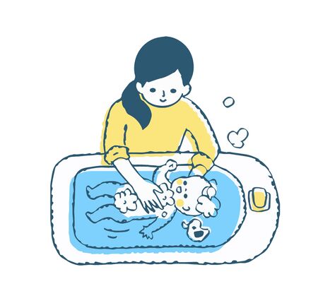 Mom taking a baby in the bathの写真素材