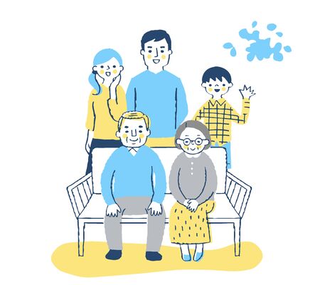An old couple and their families sitting on a benchの写真素材