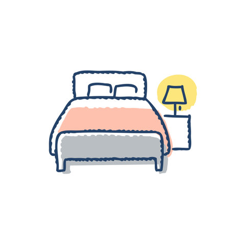 Double bed with pillows and bedside table vector line icon.のイラスト素材