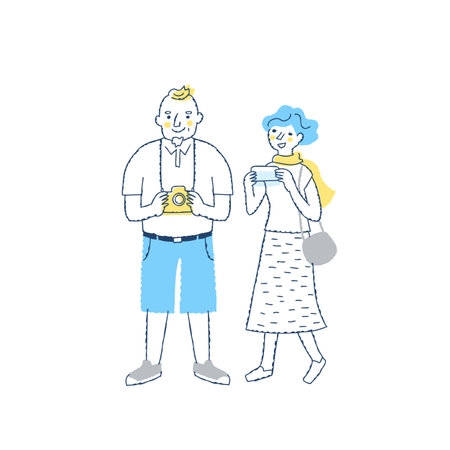Vector illustration of a man and a woman using a mobile phone.のイラスト素材