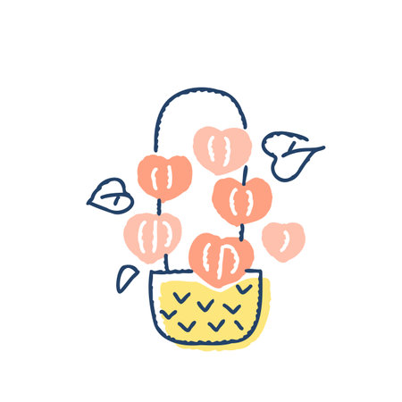 Hand drawn doodle vector illustration of a basket with flowers.のイラスト素材