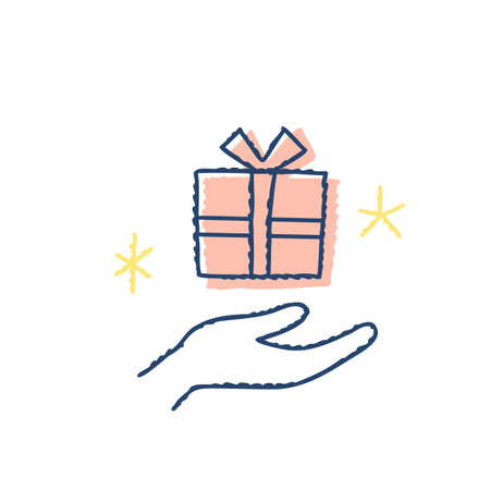 Hand with gift box vector line icon. Gift box, present, present, surprise.のイラスト素材