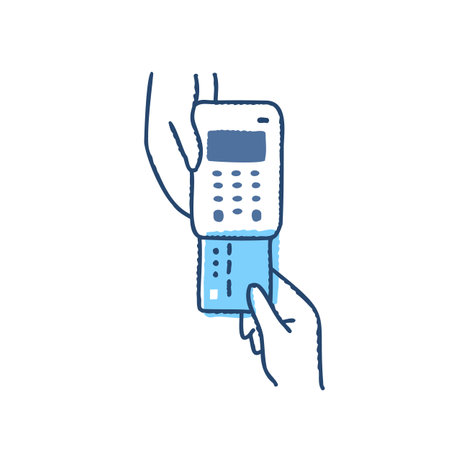 Hand holding POS terminal. Contactless payment concept. Vector illustration.のイラスト素材