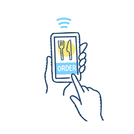 Hand holding smartphone with order on the screen, vector line icon. Online food delivery concept.のイラスト素材