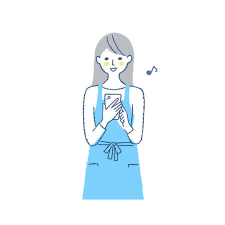 A woman wearing apron is using a smartphone. Thin line vector illustration.のイラスト素材