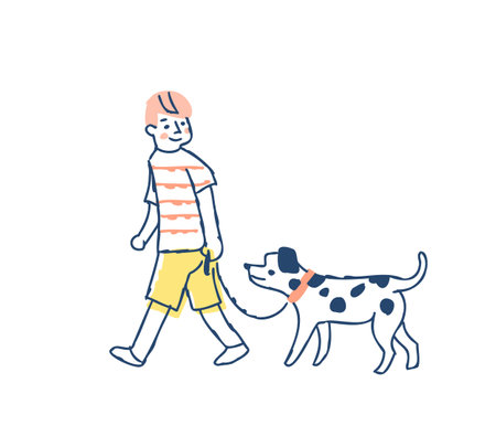 Vector illustration of a boy walking with a Dalmatian dog.のイラスト素材