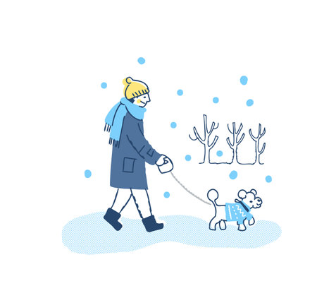 Vector illustration of a woman walking with her dog in winter clothes.のイラスト素材