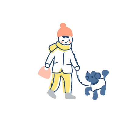 Man walking with dog in winter clothes. Vector illustration in doodle style.のイラスト素材