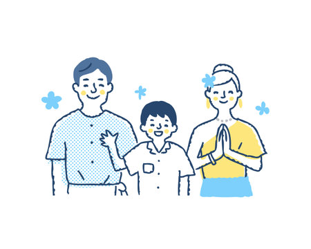 It is an illustration of a Japanese family doing yoga. Vector image.のイラスト素材