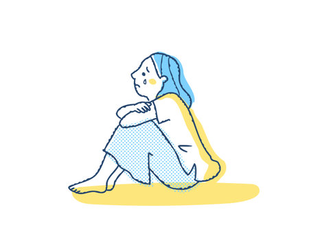 Illustration of a sad girl sitting on the floor, vector illustrationのイラスト素材