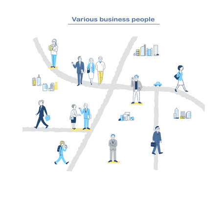 Avatars of business people walking on the road. Vector illustration.