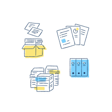 Set of office icons. Vector illustration in blue and yellow colors.のイラスト素材