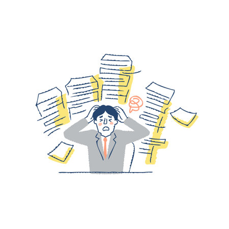 Stressed businessman with pile of papers. Vector illustration in sketch style.のイラスト素材