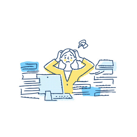 Stressed businesswoman sitting at the table with her head on her hands, vector illustrationのイラスト素材