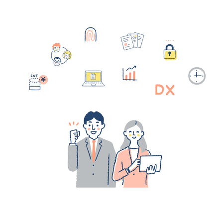 Businessman and businesswoman with digital tablet and icons set. Vector illustration.のイラスト素材