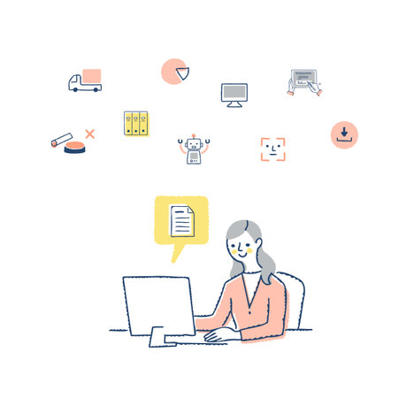 Vector illustration of a woman working at a computer with various icons.のイラスト素材