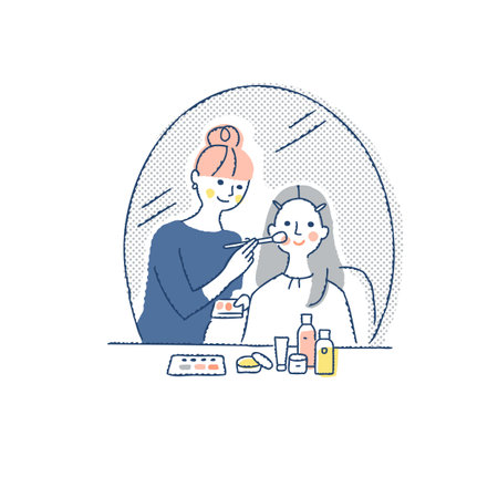 Illustration of a woman applying makeup in front of a mirror.のイラスト素材