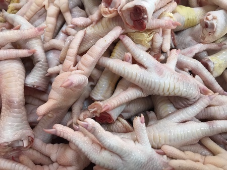 A group in slaughtered chicken leg in marketの素材