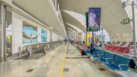 DUBAI,UAE. 16 SEPTEMBER 2023. Passengers seated at the departure gate, poised with anticipation, awaiting the moment to embark on their journeyのeditorial素材