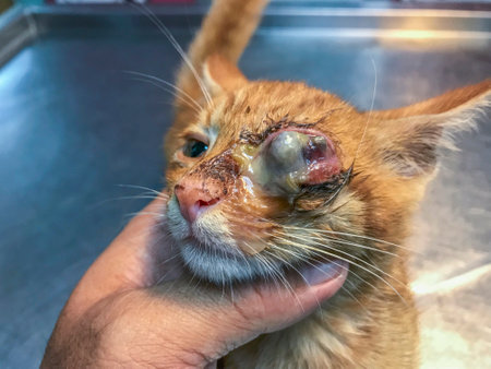 One-eyed cat, a survivor of calicivirus or herpes battle. Resilience shines in that gaze, a testament to overcoming infection or trauma with graceの写真素材
