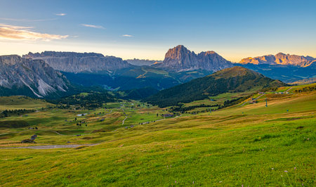 Seceda peak, Dolomites, Italy, A breathtaking panorama unfolds over Trentino Alto Adige, Europe. Morning sunrise reveals the majestic Furchetta peak in the Alps, creating a mesmerizing spectacleの写真素材