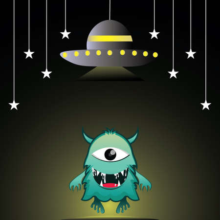 Funny alien vector illustration design and outer space backgroundのイラスト素材