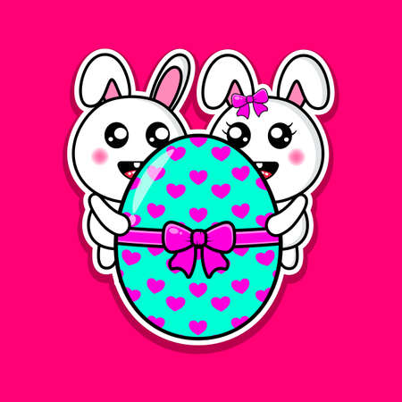 cute couple bunny hugging a big easter egg design kawaiiのイラスト素材