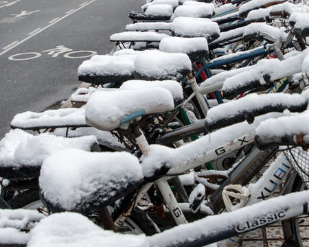 Bicycle parked on the street during winterのeditorial素材