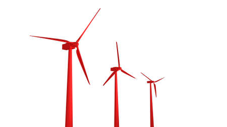 Three red wind turbines generating electricity 3d renderの写真素材