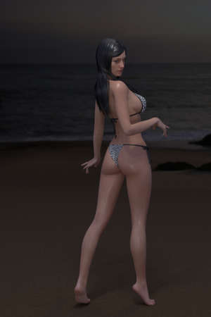 Girl in bikini on beach at nightの写真素材