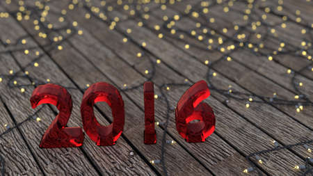 New year 2016 red ice text on boardwalk with christmas lights.の写真素材