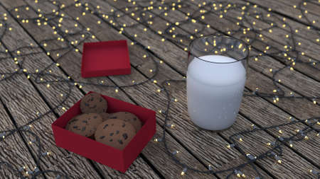 Milk and cookies on board walk surrounded by christmas holiday lights.の写真素材