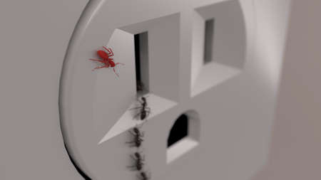 Red ant watching other ants walk into electrical outlet. showing rebbelion, leadership, observation, individuality.の写真素材