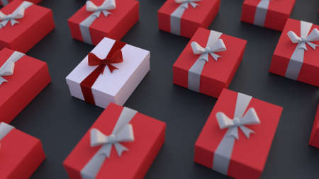 white gift box with red bow surrounded by red gift boxes with gray ribbons.  special gift prize competitonの写真素材