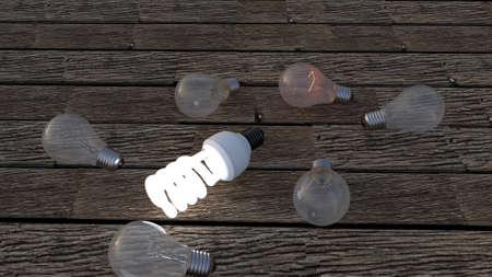 lightbulbs representing ideas. energy saving lightbulb smarter and more efficient ideasの写真素材