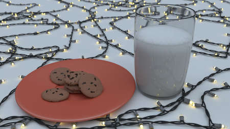 Milk and cookies on red plate in christmas environment with lightsの写真素材