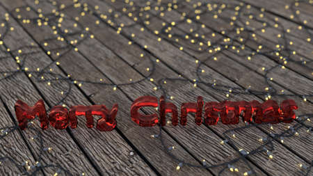 Red frozen merry christmas text surrounded by christmas lights on board walk.の写真素材