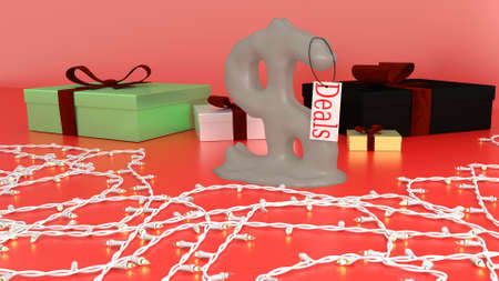 Melting dollar sign with Christmas lights showing Christmas deals as prices fall. Surrounded by gift boxes and lightsの写真素材