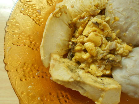 breadfruit ackee and boiled dumpling in plateの写真素材