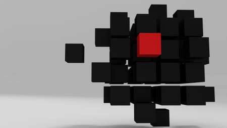 Red unique cube among other boxes in 3d space 3d renderの写真素材