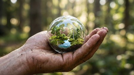 Glass globe in the hands of a man in the forest. Ecology conceptの素材