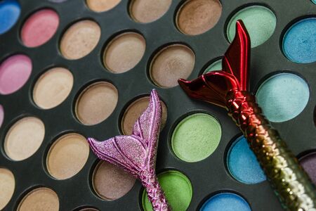 Palette of colored eyeshadows, close-up with brush mermaidの写真素材