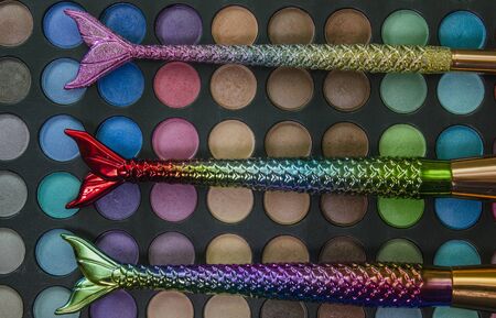 Palette of colored eyeshadows, close-up with brush mermaidの写真素材