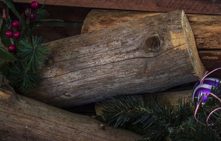 Close-up log, New Year decorations.の写真素材