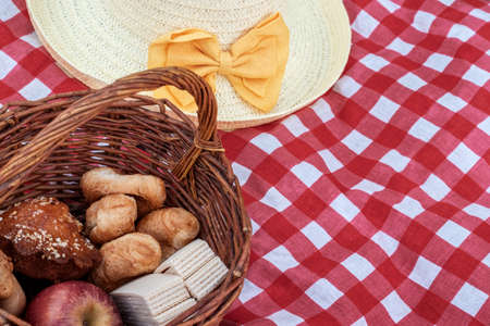 Picnic on the nature while on vacation. Dinner time. Different food products. Delicious appetizing food.の写真素材