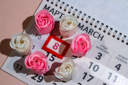 Calendar page on march 8 of International Women's Day with rosebud.