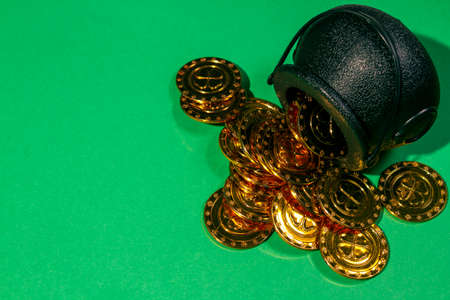 St Patricks Day Pot of Gold and over a green backgroundの写真素材